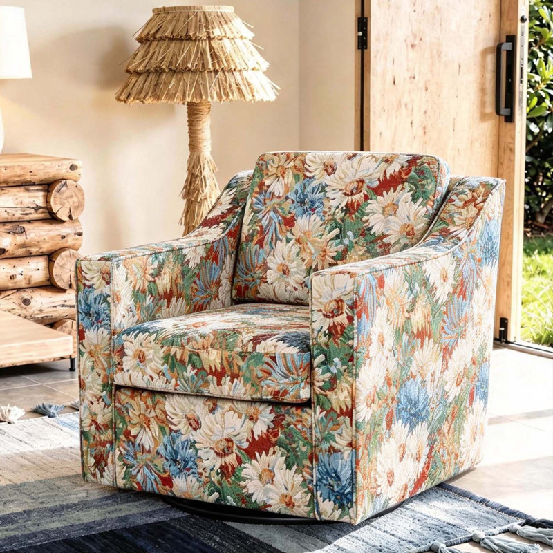 Upholstered Swivel Armchair, Orange Blooms