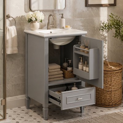 20" Bathroom Vanity with Ceramic Sink,Solid Wood Legs, Freestanding Vanity with Storage Cabinet,Soft-Close Drawers&Doors,Storage Rack