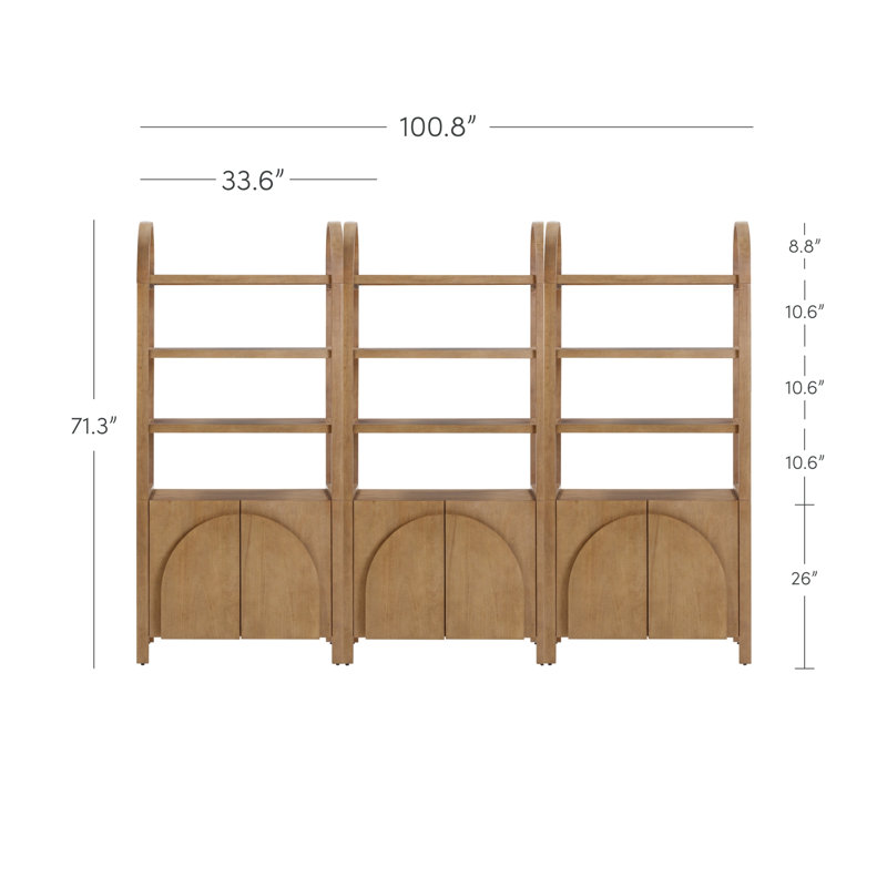3 Tier Arched Bookshelf With Cabinet Base And Solid Wood Frame (3-Piece Set), Light Brown