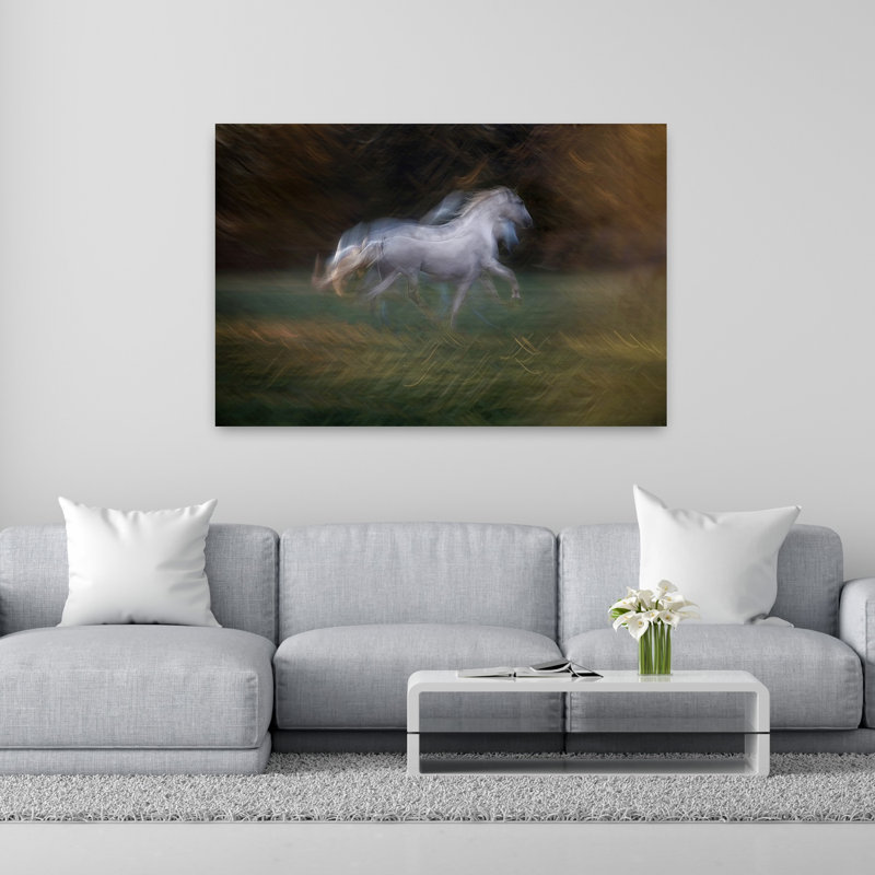 «Dreamy White Horse Motion Abstract Dreamy Elegant Horse Nature», art mural, 40" H x 60" W
