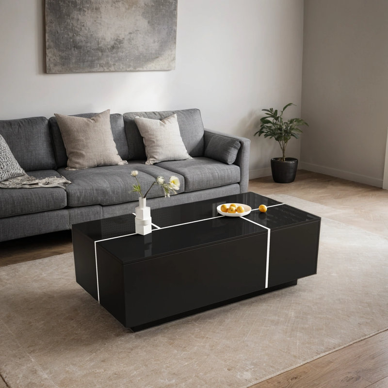 47.2"-72.7" Extendable Coffee Table with Storage - Modern High-Gloss Coffee Table with 2 Drawers & Hidden Compartments for Living Room