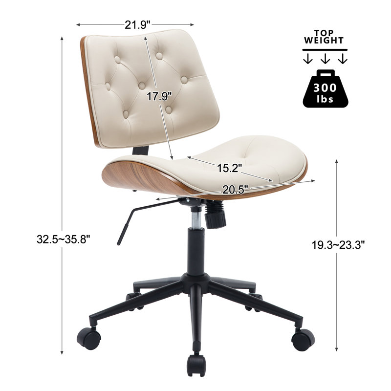 Chaise de bureau pivotante rembourrée à hauteur réglable, Beige, Capitonné