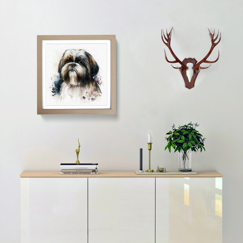 Shih Tzu Watercolour - Single Picture Frame Print on Wood, Oak