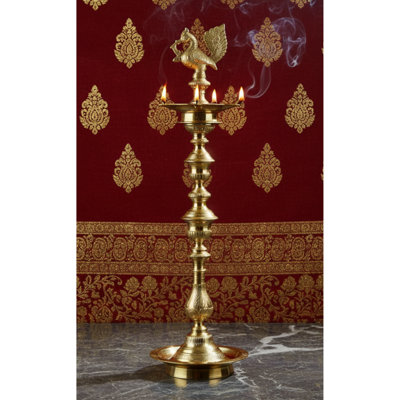 48-Inch Decorated Brass Peacock Floor Lamp, Large Annam Vilakku Diya for Entryway & Temple Deco