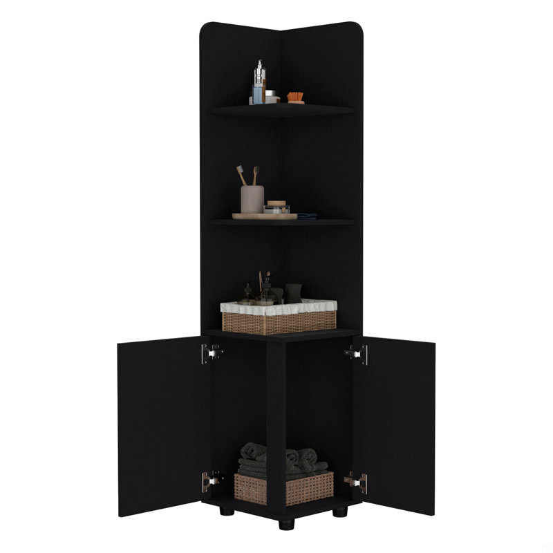 Freestanding Linen Cabinet, 2-Doors, Open Shelves, 62.2" H x 14.8" W x 14.2" D, Black