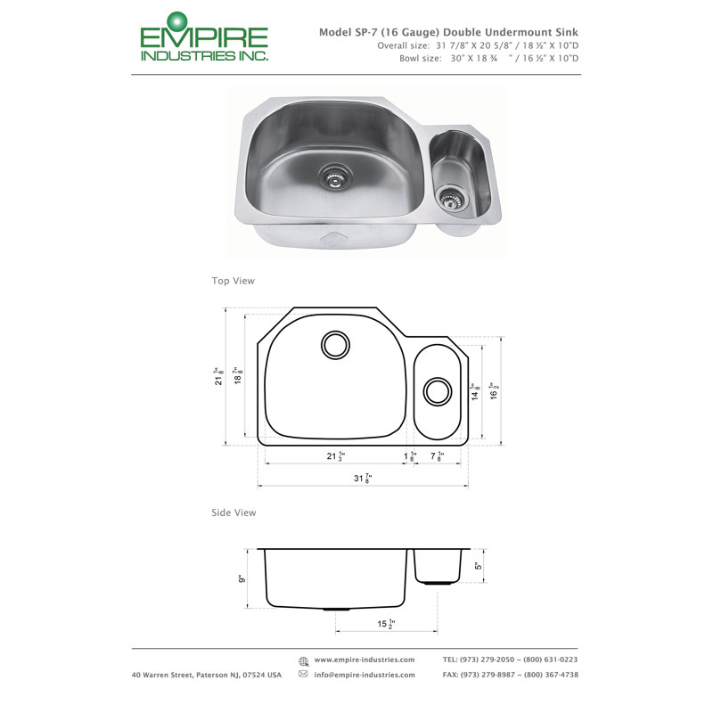 32" L x 21" W Double Basin Undermount Kitchen Sink