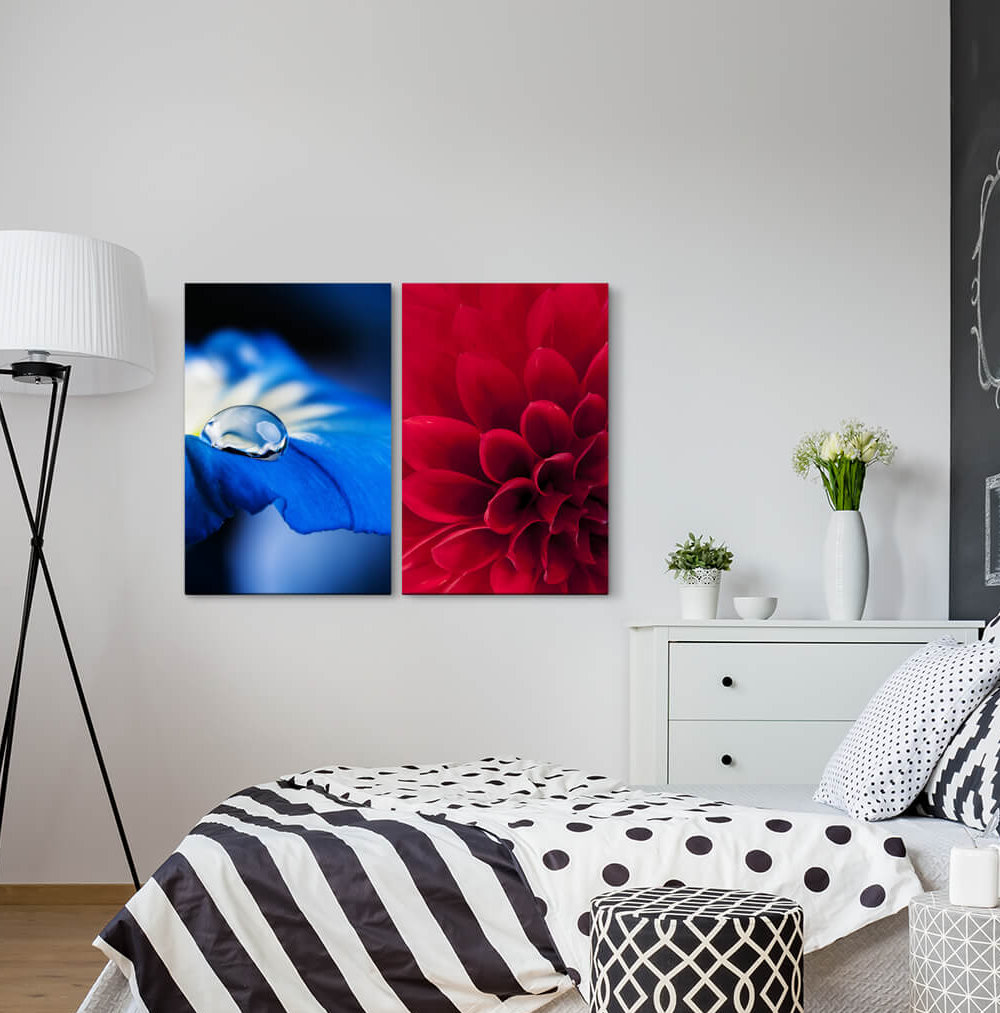 2-tlg. Leinwandbilder-Set - Fotografie „Dahlia Water Drops Red Blossom Blue Flower Water Pearl Summer”