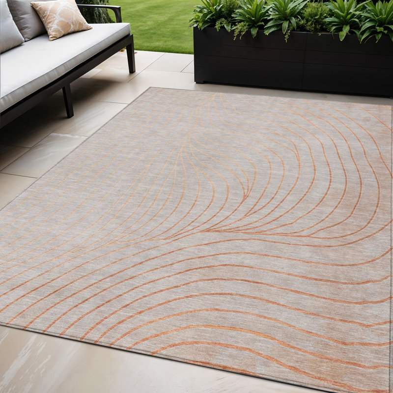 Tapis extérieur lavable abstrait 5 pi x 8 pi cuivre et argent