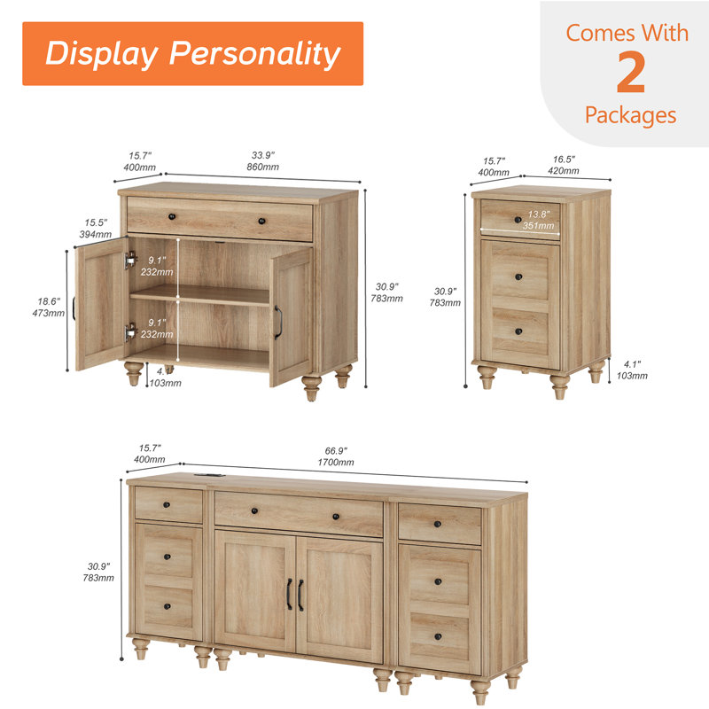 Sideboard Buffet Cabinets With 4 Wood Doors And 3 Drawers, Farmhouse Sideboard Credenza With Charging Station For Dining Room, Modern Large Storage Cabinet For Living Room, Oak, 102 Inch