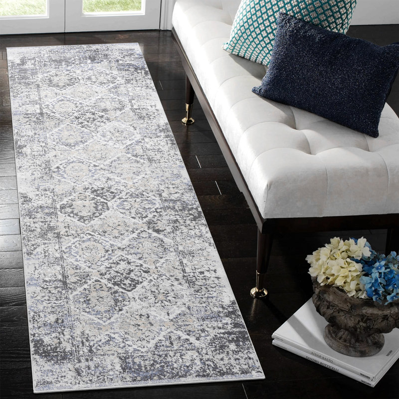 Tapis gris / bleu / traditionnel, Tapis de couloir 2 pi 2 po x 8 pi