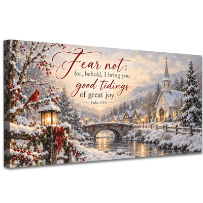 Tableau mural extra large avec verset biblique d'hiver, village de Noël et église, Luc 2:10, décoration chrétienne pour salon, chambre ou entrée, toile tendue sur châssis, 61 x 122 cm
