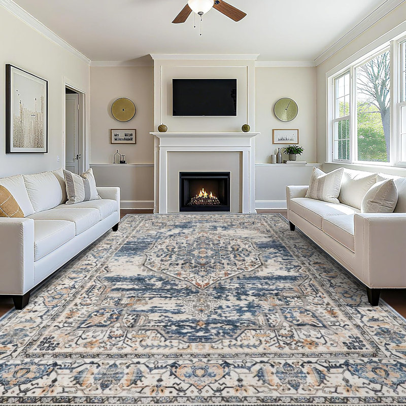 Area Rug Washable Large Living Room Area Rugs - Machine Washable Stain Resistant Rug - Soft Low Pile Carpet for Bedroom Dining Room Blue