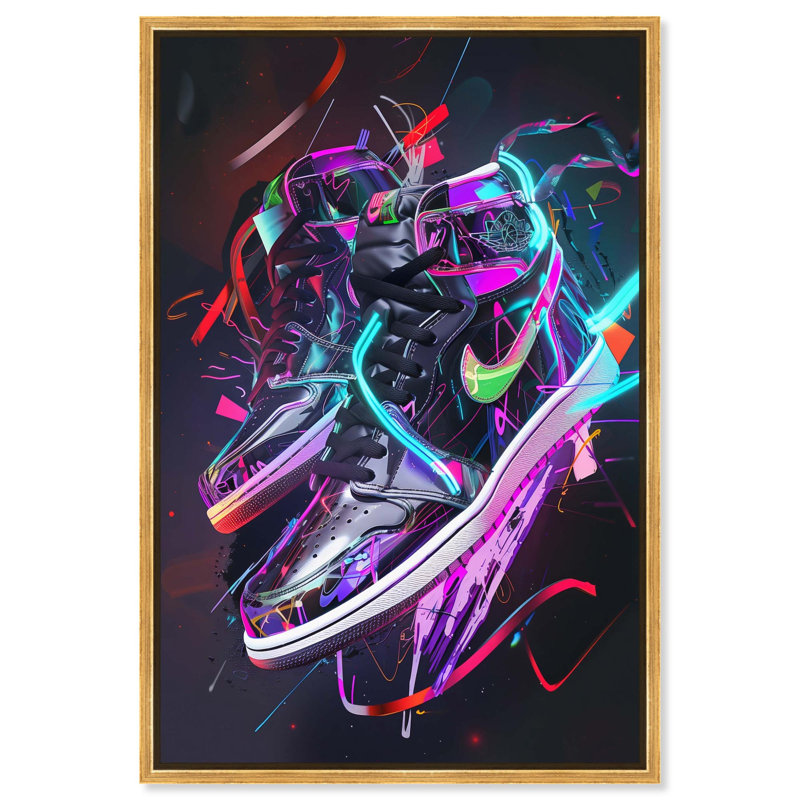 Décoration murale en toile Neon Ribbons Sneaker , H 25 po x l 25 po, Cadre flottant doré