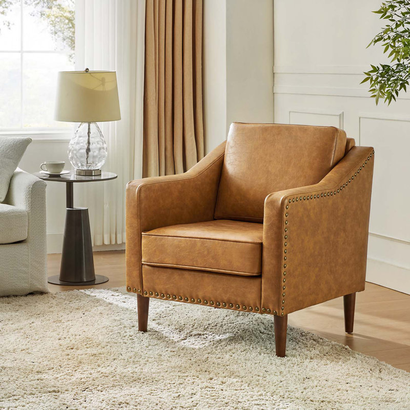 Almetia Vegan Leather Armchair With Solid Wood Legs, Camel