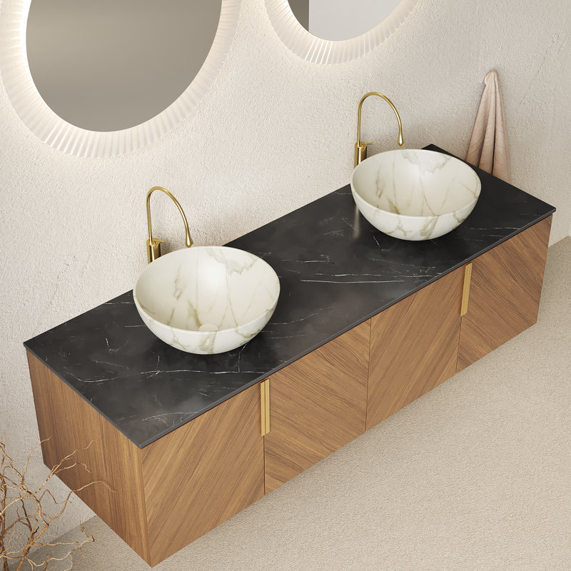 Meuble-lavabo flottant avec lavabo vasque, bol, 60", Céramique blanche