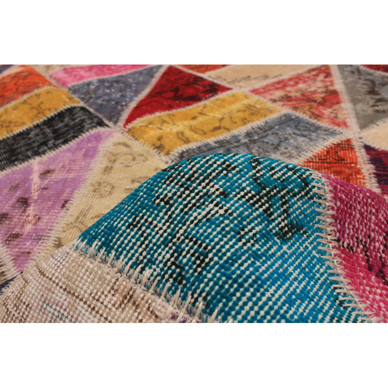 Tapis unique en laine noué à la main style patchwork ivoire / bleu / gris années 2010 5 pi 7 po x 7 pi 10 po Kamla