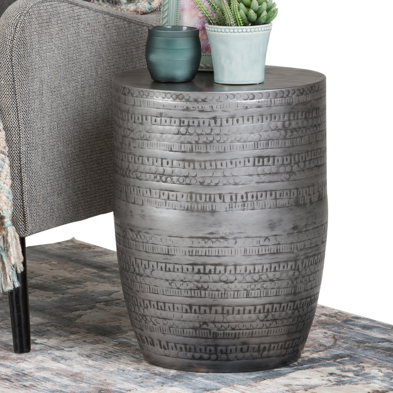 15"W Metal Boho End Table with Drum Design and Textured Finish, Assembled, Antique Silver