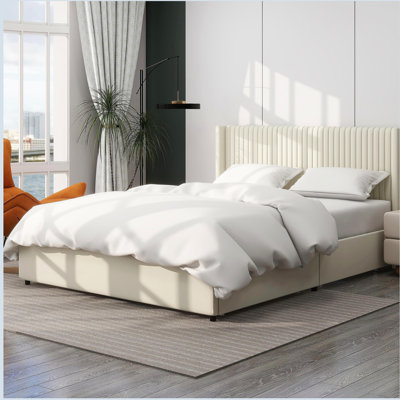 Lit plateforme tapissier à deux tiroirs avec grand lit et rangement à 2 tiroirs en velours ivoire, tête de lit au design moderne avec rainure serrée, sommier à lattes en bois sans sommier