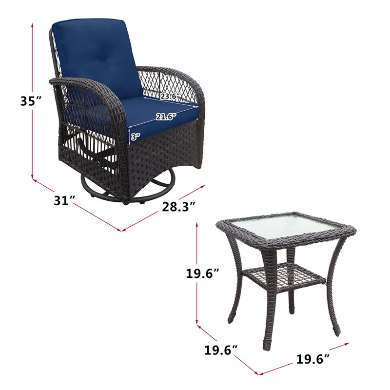 Outdoor three-piece rattan swivel chair with cushion, Navy