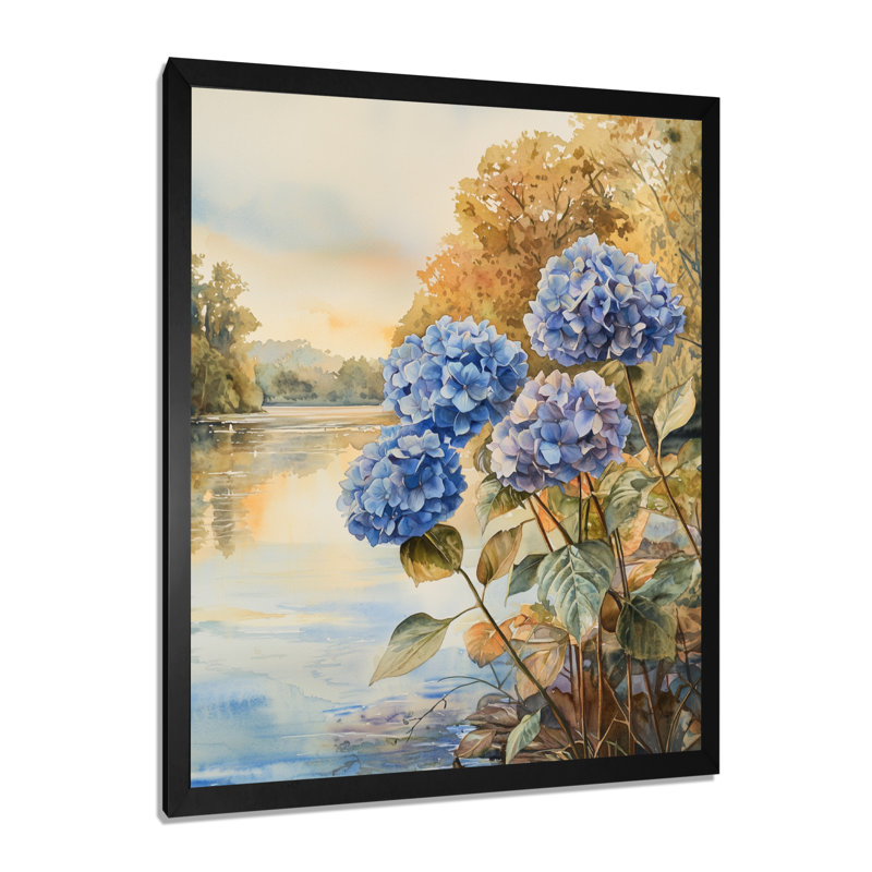 Hortensias par la berge II - impressions murales florales, H 44 po x l 34 po, Noir, noir, noir, noir