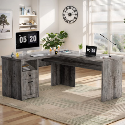 Swapan 56'' Lift Top L-Shaped Desk with Drawers and Power Outlets, Executive Desk