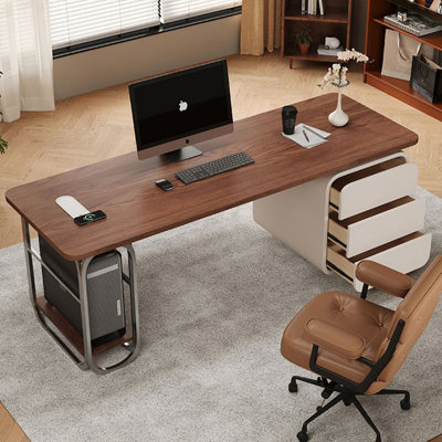 Bureau à 3 tiroirs brun noisette + blanc + argent manufacturé rectangulaire + acier inoxydable