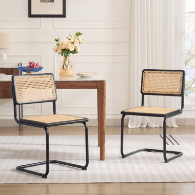 Crumley 18.1" H Mid-Century Modern Cantilever Dining Chair with Cane Back and Seat, Metal Frame
