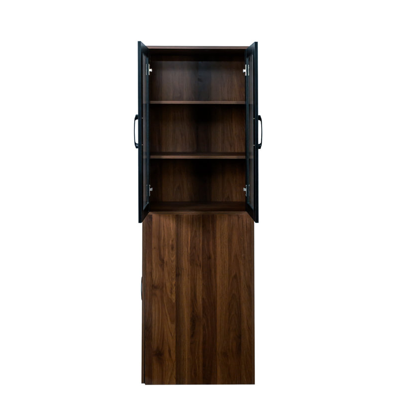Vitrine H 71 po avec tablette à 4 niveaux et 2 portes en verre pour le bureau, Walnut