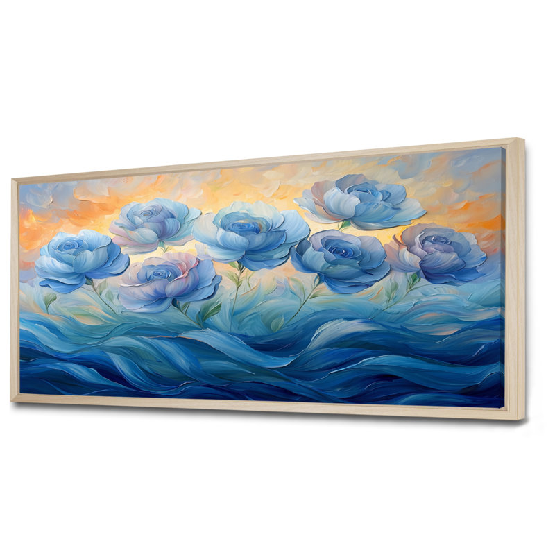Ishaanvi, pivoines bleues en harmonie I - pivoines, art mural, H 28 po x l 60 po, Impression encadrée flottante, Crème, crème