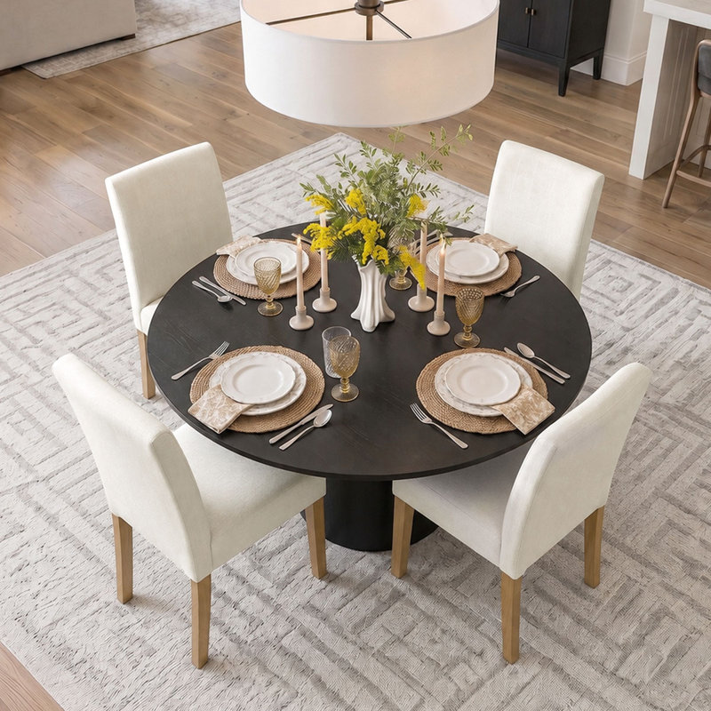 Ensemble de table de salle à manger pour 4 personnes avec table ronde et 4 chaises rembourrées en lin, Cream