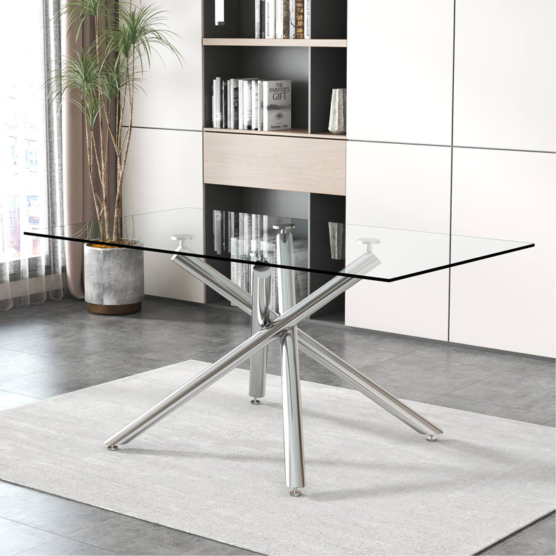 Modern Minimalist Rectangular Glass Dining Table With Sturdy Metal Legs For Various Spaces