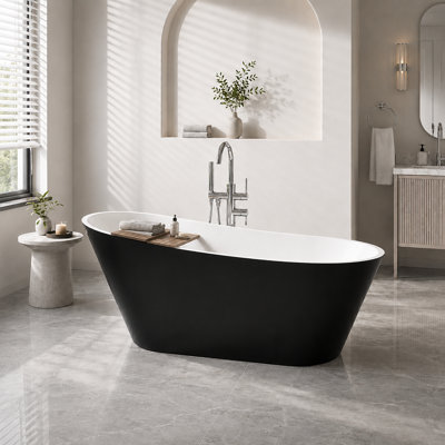 Baignoire profonde autoportante ovale moderne en acrylique L 67 po x l 29,5 po avec trop-plein et drain complet