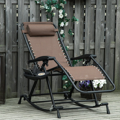 Chaise berçante pliable pour l'extérieur, fauteuil inclinable Zero Gravity avec coussin, porte-gobelet et téléphone, structure en acier robuste brun, tissu respirant, support à bascule inclinable pour l'extérieur