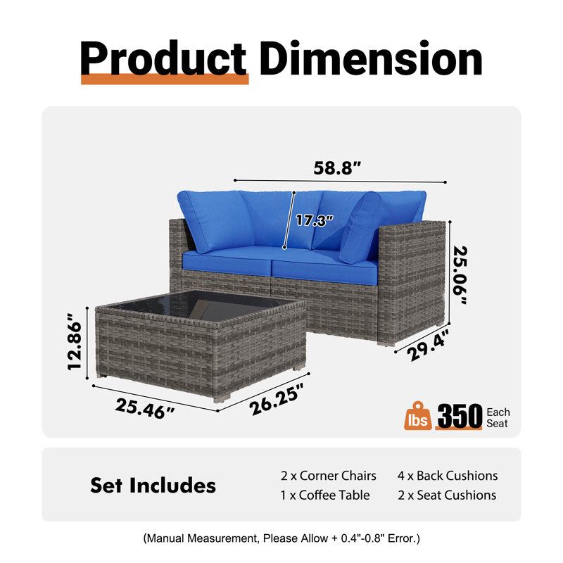 Chappotin Outdoor Patio Sofa Wicker Modular Sectional Set With Cushions, Navy