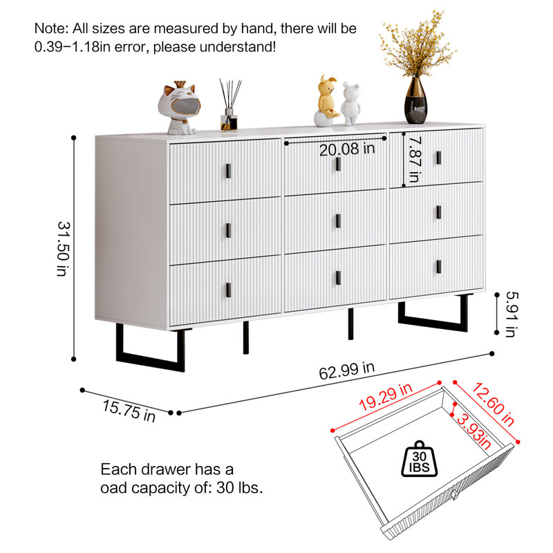 Commode blanche 9 tiroirs pour la chambre à coucher, commode triple moderne à 9 tiroirs avec tiroirs profonds, Blanc