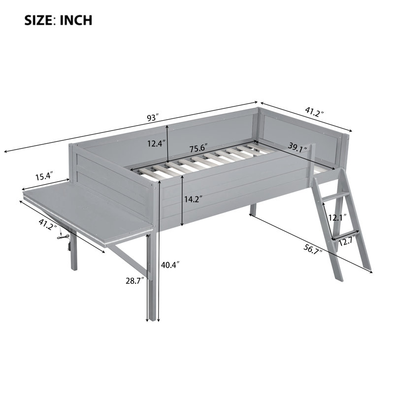 Lit mezzanine en bois avec bureau et lumière DEL, conception compacte, gris, Lit simple