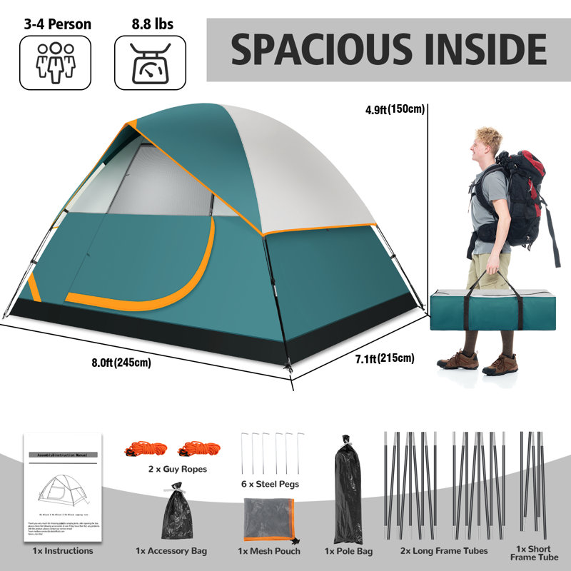 Tente de camping pour 4 personnes, tente de camping facile à installer, Vert foncé