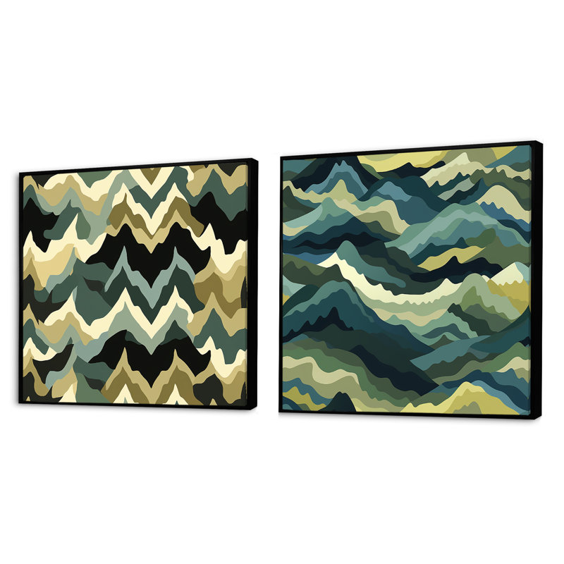 Camouflage vert et brun - Ensemble de 2 collages carrés abstraits, Cadre flottant noir, H 16 po x l 33 po