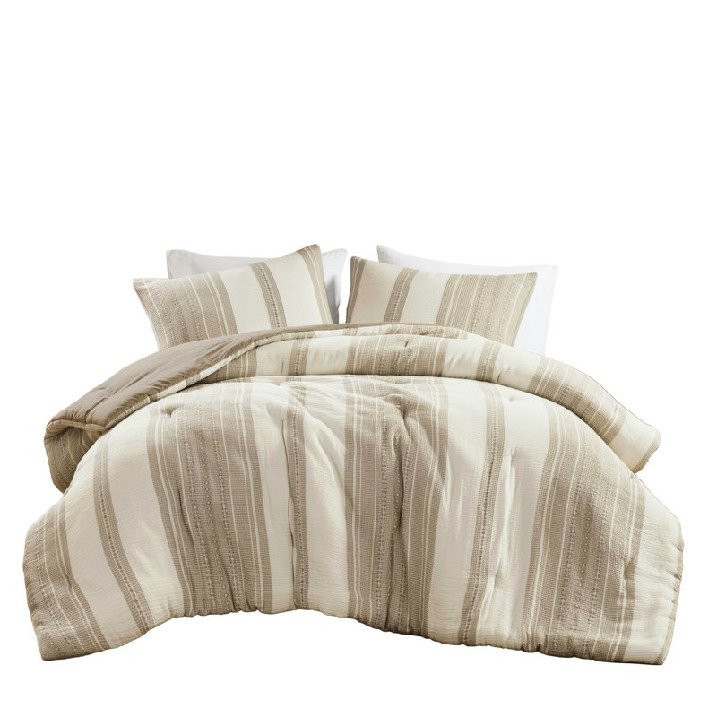 Édredon pour lit double / grand 3 pièces - couleur terre, tissage gaufré spécial, coton doux à 100%, bourre de bourre, tons d'utilisation toute l'année et motif rayé, mélange, moelleux pour les saisons, fabrication