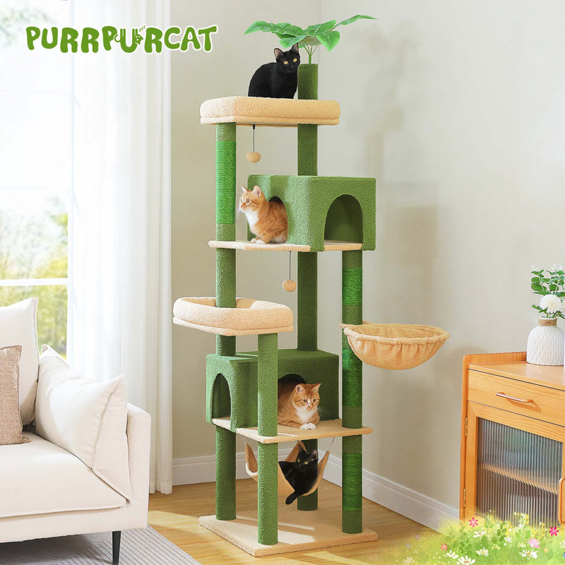 Arbre à chat à niveaux multiples 74,8 po, tour pour chat avec poteaux à griffer, hamac et cando, Vert