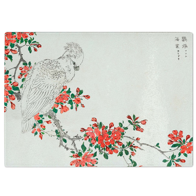 Tempered Glass Parrot upon a Blooming Tree Branch by Numata Kashu Chopping Board, 39 cm W x 28.5 cm L