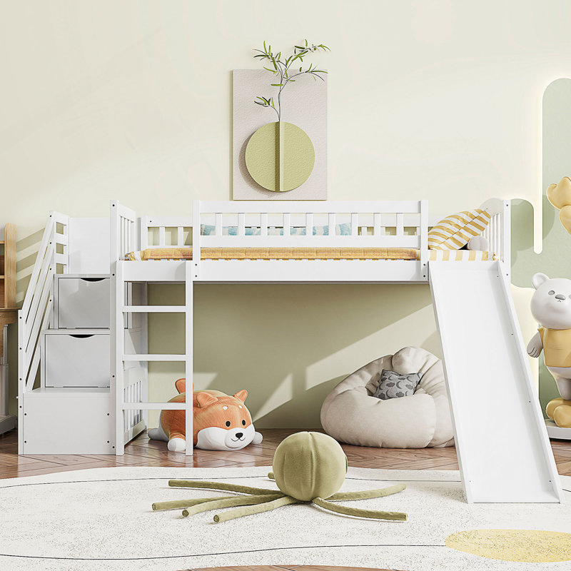 Lit mezzanine simple avec glissière Stairway, Blanc