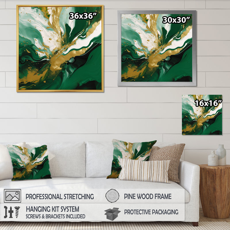 Green And Gold Liquid Magic II, Gold, 36" H x 36" W, Picture Framed