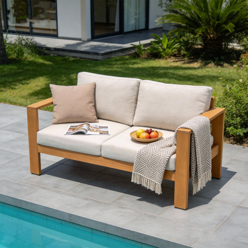 Outdoor Solid Eucalyptus Wood Loveseat with Cushions