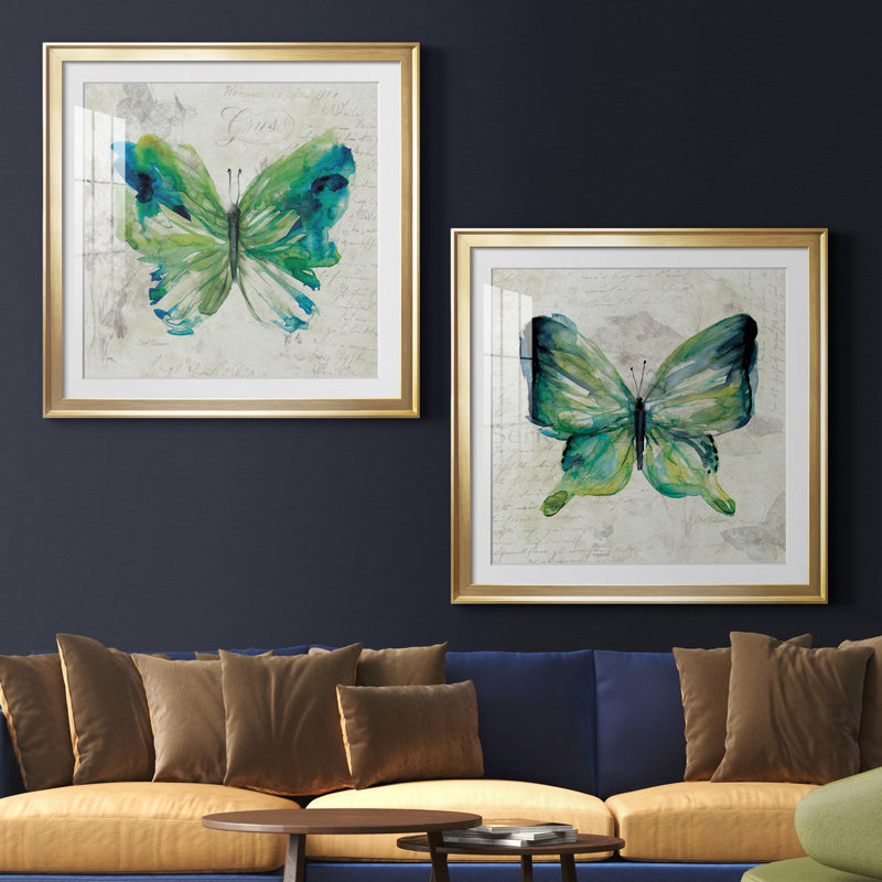 Papillon croquis I - ensemble de 2 reproductions d'art graphique, H 34,5 po x l 69 po x P 1,5 po, Papier encadré doré, Blanc