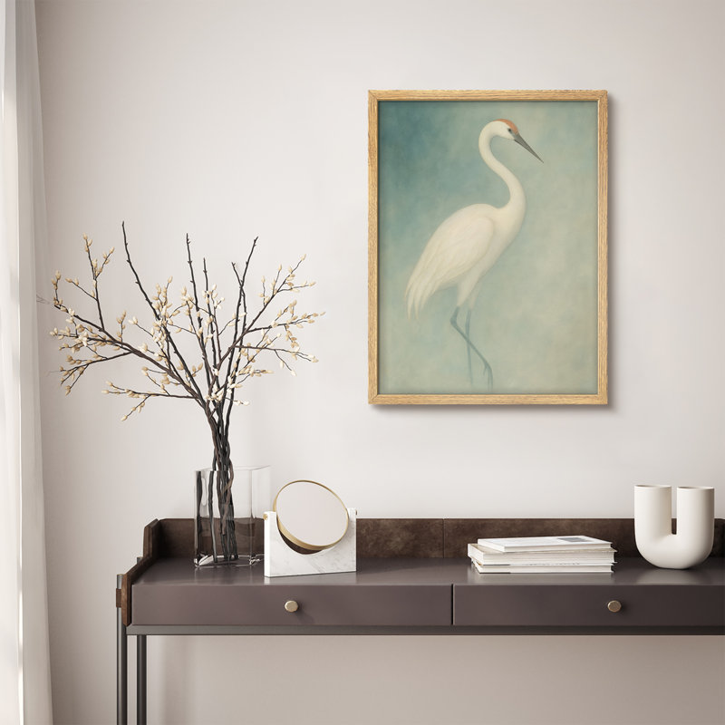 Reproduction d'art murale encadrée - grue blanche élégante sur fond bleu-vert, art de la nature minimaliste pour les chambres à coucher ou les vestibules