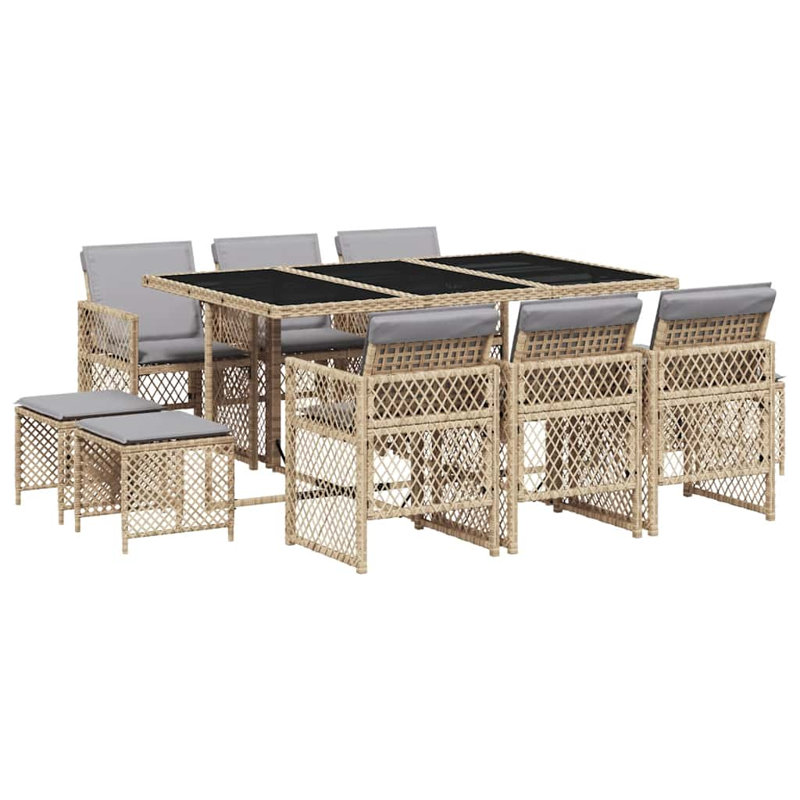 11 Piece Garden Dining Set with Cushions Poly Rattan, Cream White, Beige