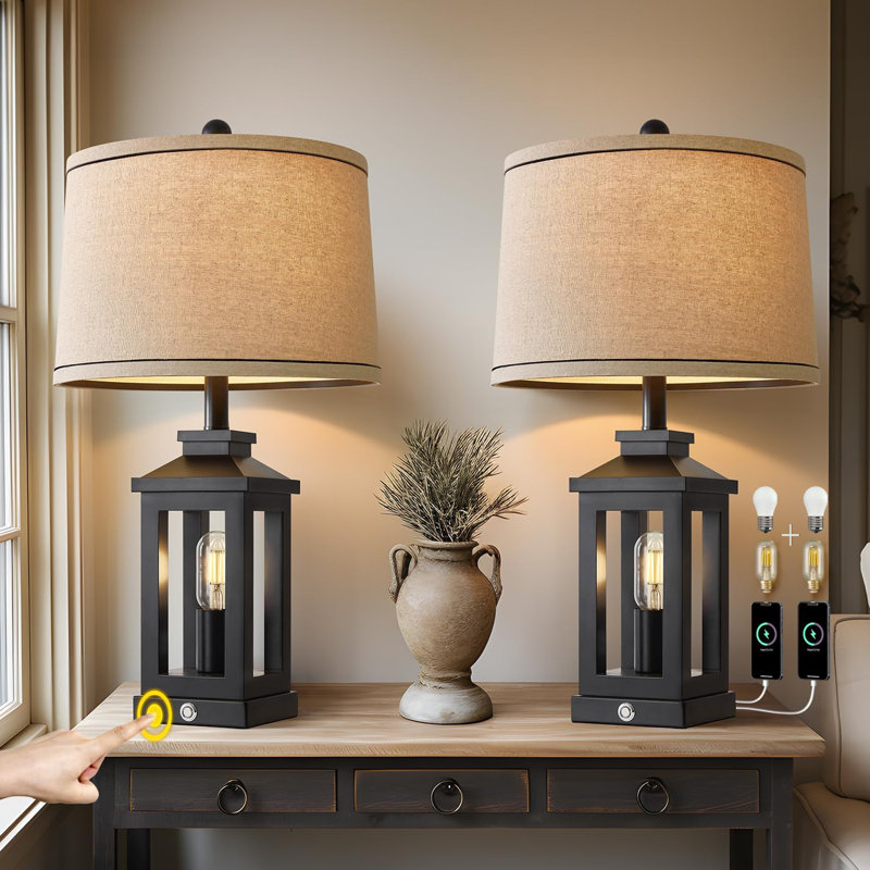 23.75" Black Metal Table Lamp Set with Beige Shade and USB Ports