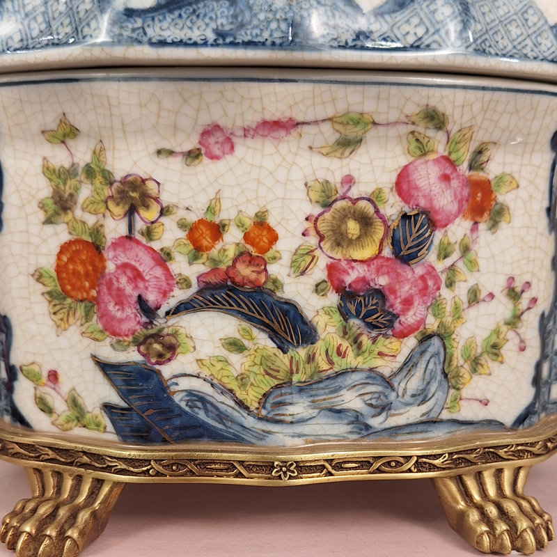 Porcelain Floral Lidded Box with Bronze Feet
