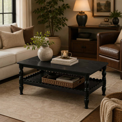 Rectangle Solid Wood Coffee Table with Storage Shelf, Farmhouse 2-Tier Center Table, Easy Assembly, Black